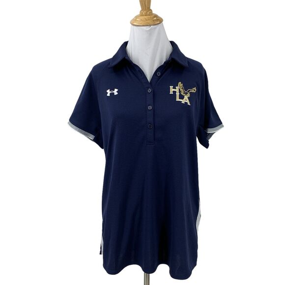 Under Armour Polo Shirt Womens L Large Navy HeatGear Hill Learning Academy Logo - Picture 1 of 11